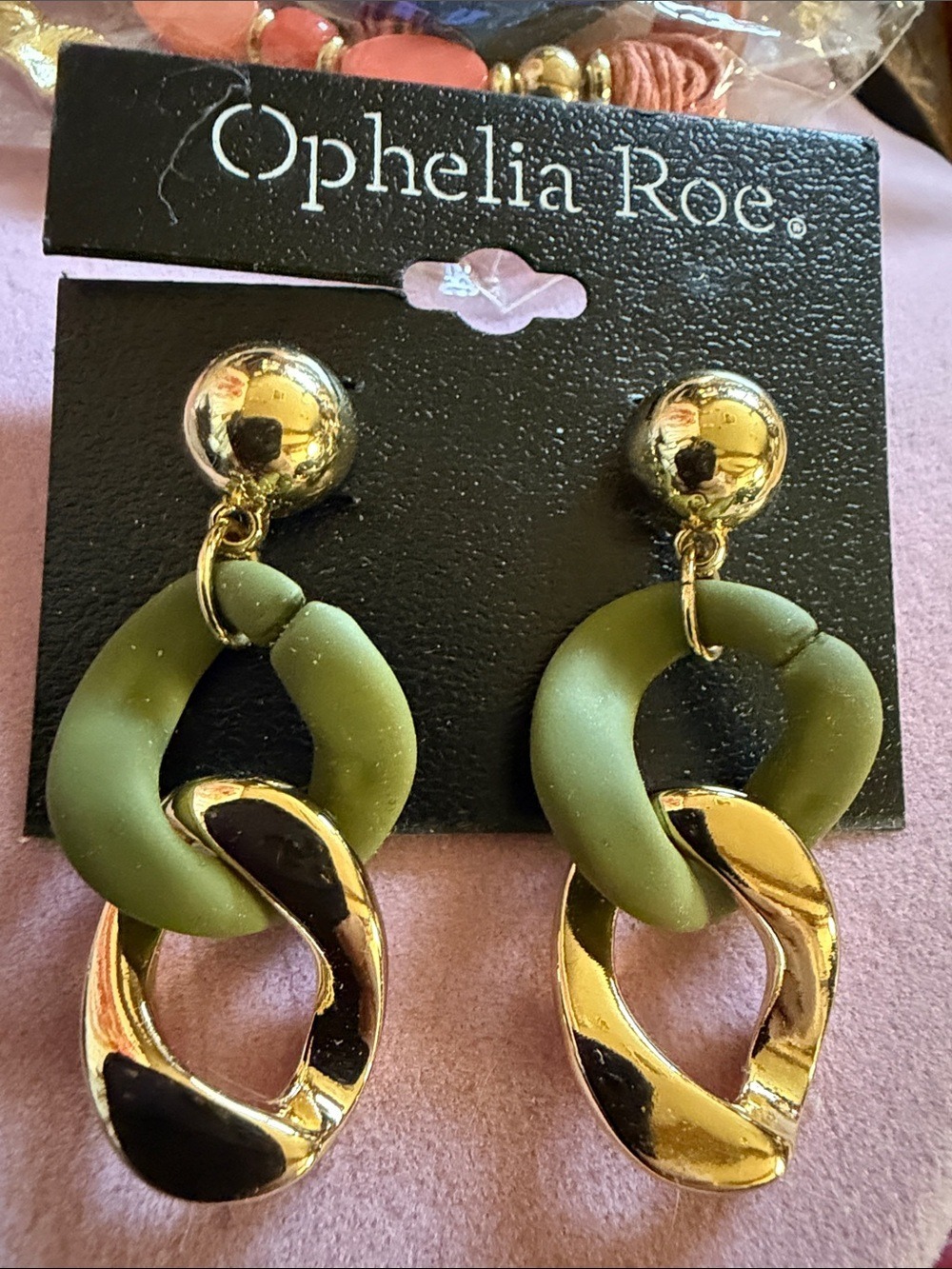 Ophelia Roe Earrings, Gold-tone & Green Studs, 2” drop, (J0254)